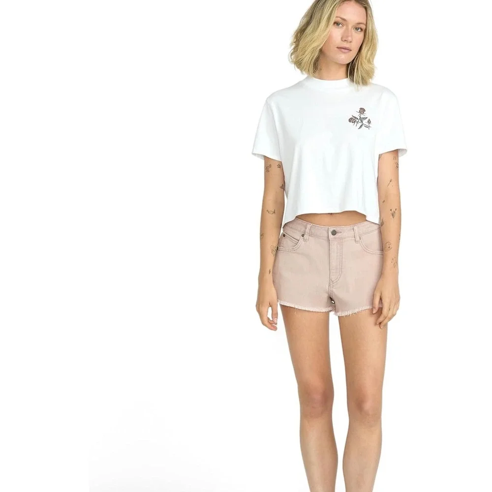 NWT Volcom 1991 Stoned Denim Shorts Womens High Rise Baggy Frayed Hem Mauve 31